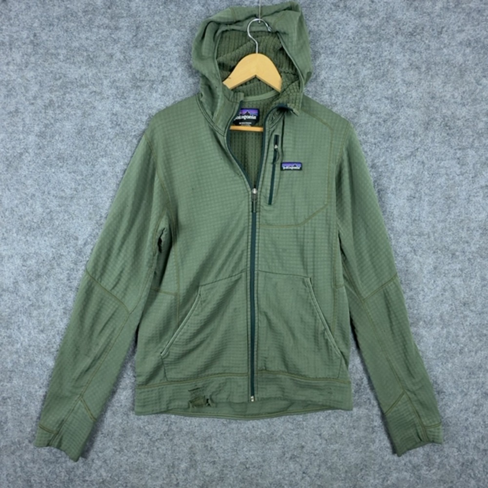 Patagonia R1 Full Zip Hoodie Mens M Green Waffle Knit Fleece Worn Wear Outdoor